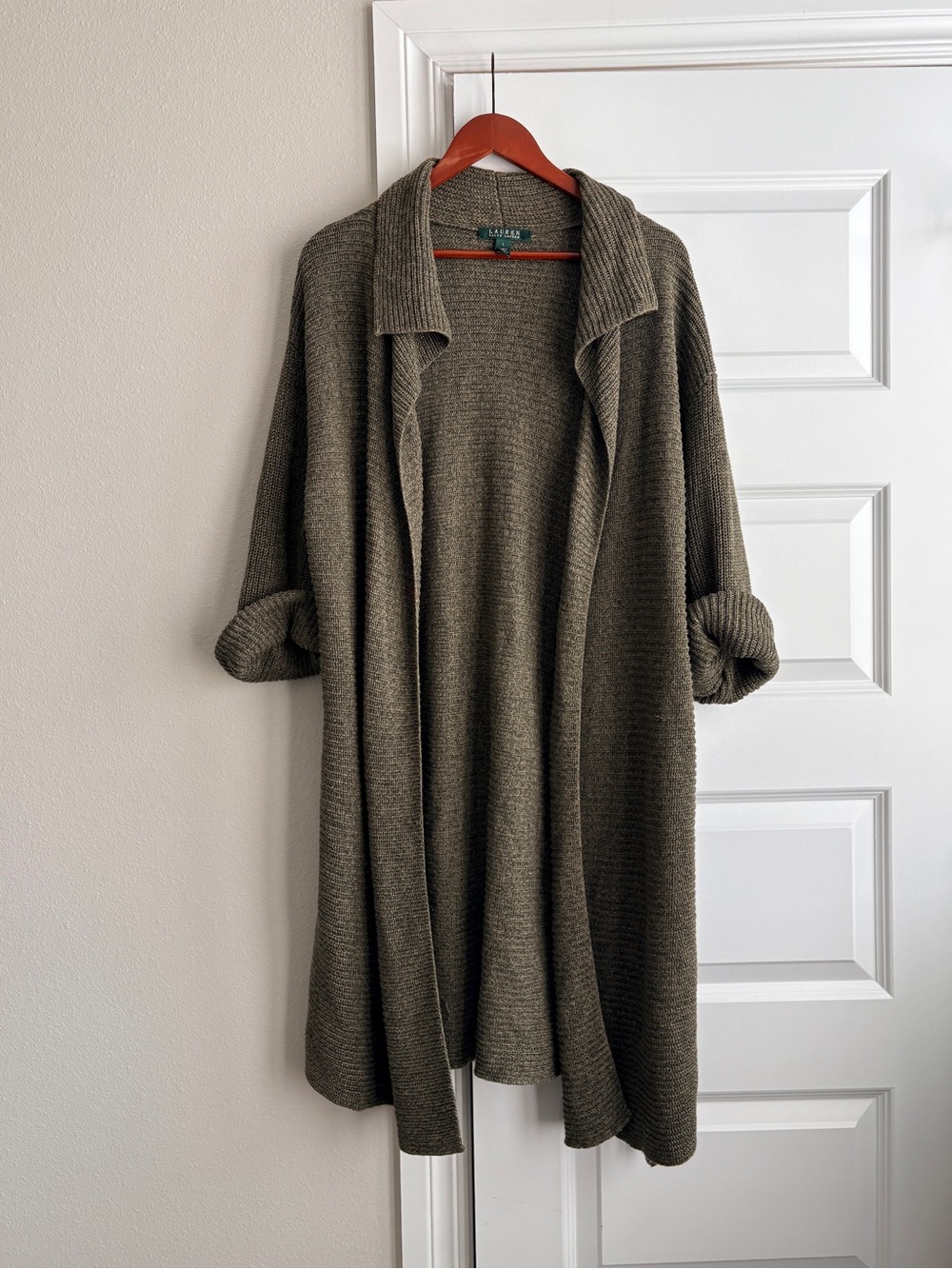 Lauren Ralph Lauren Long Open Front cotton Knit Cardigan Olive Green Size L